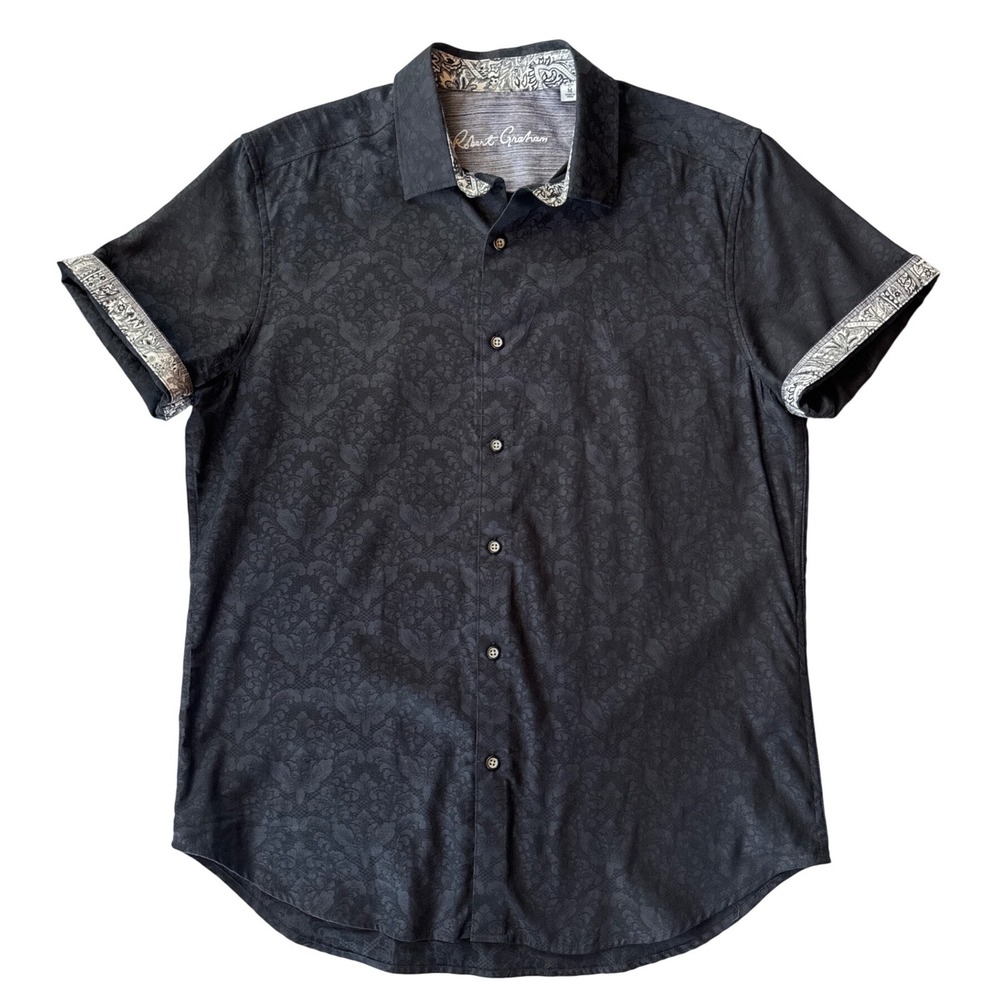 Robert Graham Shirt Mens M Black Damask Jacquard Paisley Trim Short Sleeve